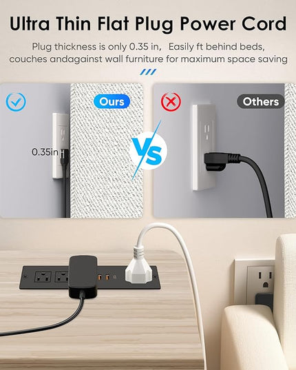 VILONG Flat Plug Recessed Power Strip with PD 20W USB-C, Flush Mounted Drawer Outlet, 4 AC Outlets & 3 USB Ports, Conference Desktop Built in Power Strip, 10FT Extension Cord(Black)