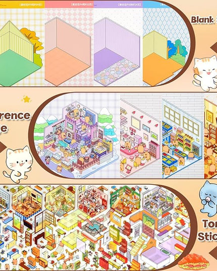 ASTARON 20 Sets DIY 3D Sticker Scene Book Sticker Therapy for Adults, Make Your Own Mini Cozy Shop House Room Stickers Cute Cartoon Miniature Stickers, Relief Stress Pass The Time