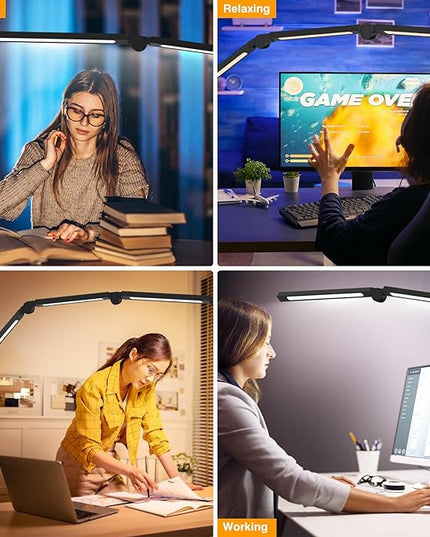 LED Desk Lamp with Clamp, Adjustable Swing Arm for Home Office, Dimmable Tempering Eye Care Table Light, Black Aluminum