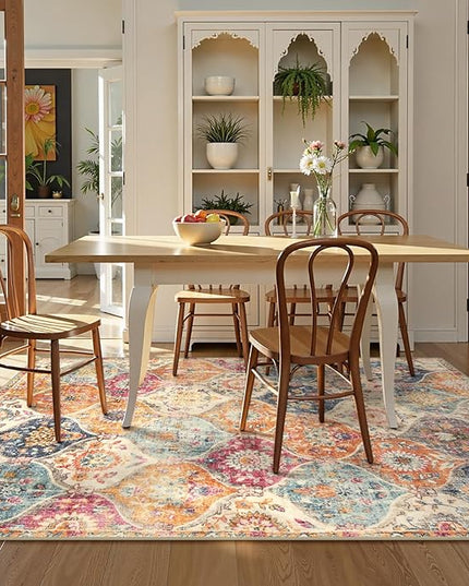 Lahome Moroccan Trellis Washable Area Rugs 5x7, 5x7 Area Rugs for Living Room Bedroom, Indoor Non-Slip Large Oriental Accent Throw Carpet for Kitchen Entryway Bathroom Office, Cream/Multi