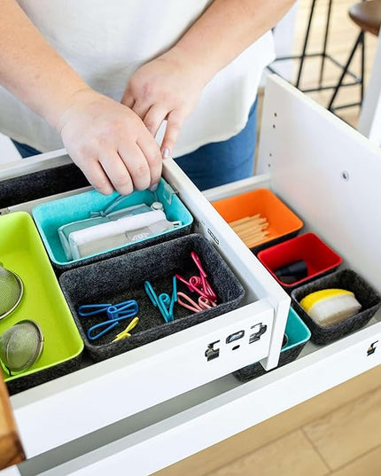 Three by Three Seattle Felt·Like·It! Felt Bins for Office, Crafts, Classroom, Living Room, Bedroom: Includes Expandable Sliding Bin for Custom Fit, Multicolor, Set of 8
