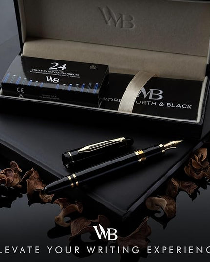 Wordsworth & Black Majesti Fountain Pen-(Black), Luxury Case, 24K Gold Finish; 18K Gilded Fine Nib-Ink Cartridges, Refillable Ink Converter-Calligraphy Pen-Best Business Gift Set for Men & Women