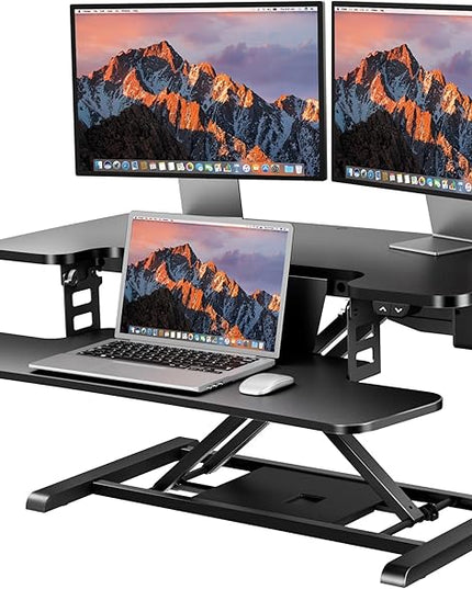 SANODESK 35" Electric Standing Desk Converter,Height Adjustable Riser for Office Home, Monitor and Laptop Workstation with Large Keyboard Tray, Black Color