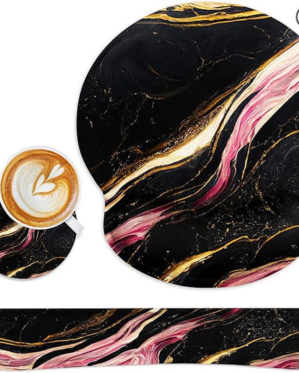 Britimes Black Pink Gold Marble Ergonomic Mouse Pad Set with Wrist Rest Non-Slip Rubber Base Wrist Cushion Support and Coasters Mousepad with Wrist Support for Computer Keyboard and Desk