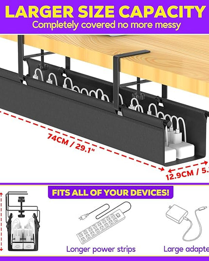 Large Under Desk Cable Management Tray, REFLYING 29.1" Cable Management Under Desk No Drill,Adjustable Clamp Cord Wire Organizer, Cord Hider for Standing Table, Wire Hider for Office,Home (Medium)
