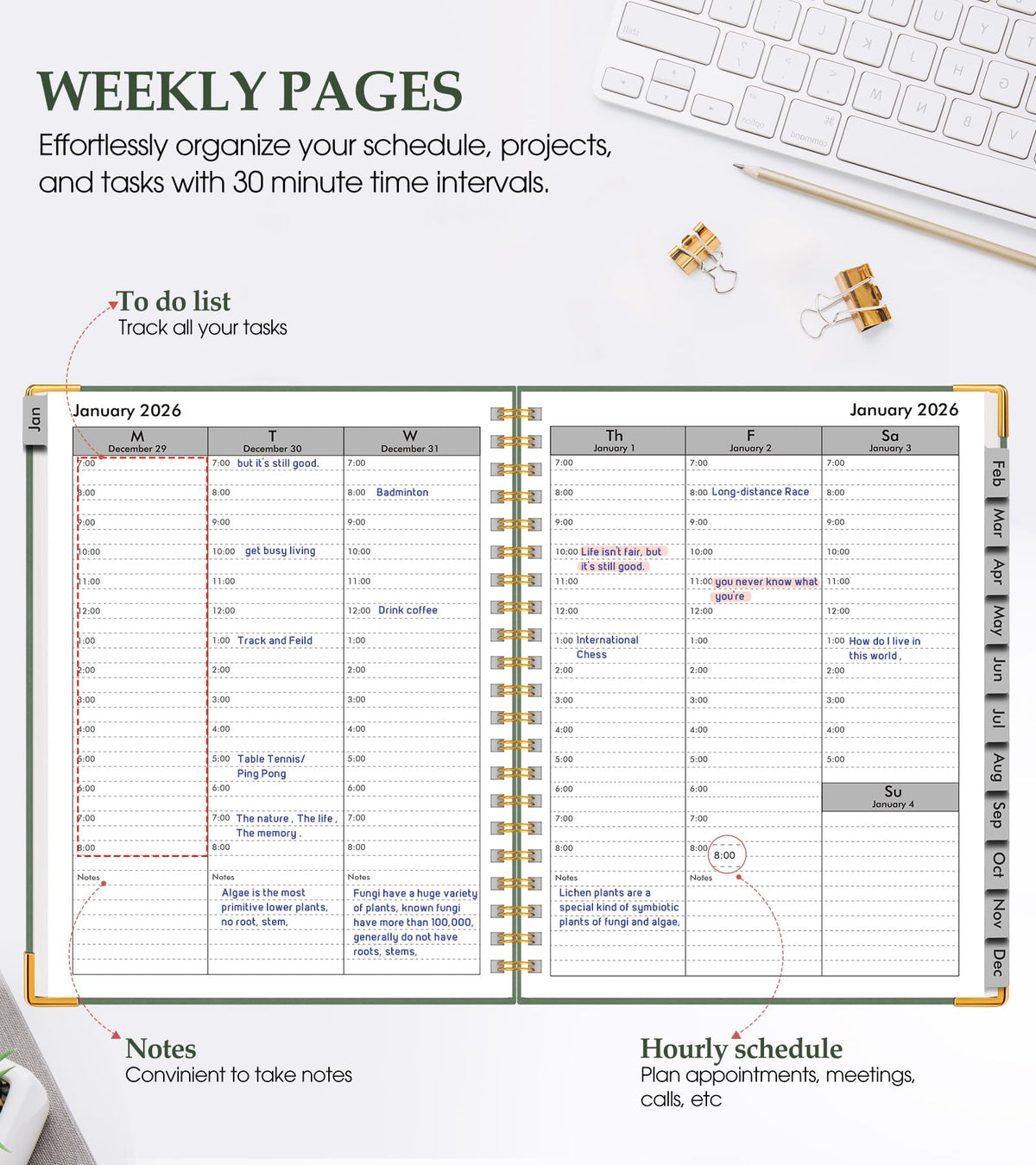 2026 Planner, Weekly and Monthly Calendar Planner from January 2026 - December 2026, 5.75" x 8.38" Hardcover Leather Hourly Appointment Book with Tabs, A5 Spiral Daily Planners for College School Work Home, Green