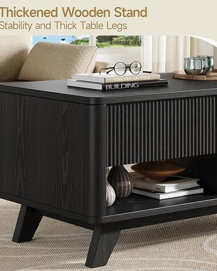 ONBRILL Farmhouse Lift Top Coffee Table, Mid Century Modern Coffee Table with Hidden Storage Compartment, Fluted Rising Pull up Wood Modern Center for Living Room, Office, Black