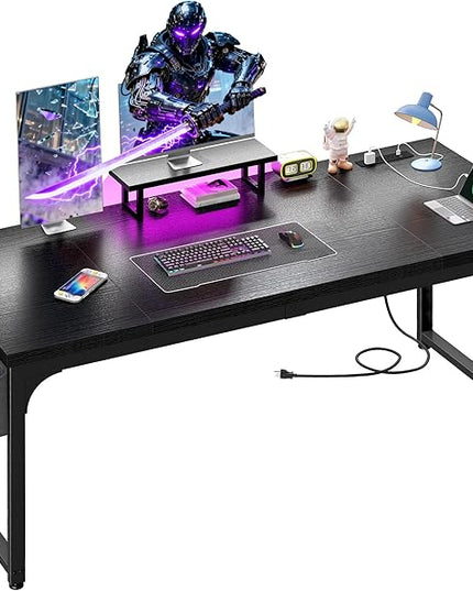63 Inch Gaming Desk with LED Light & Power Outlets & Storage Bag, Computer Desk with Monitor Stand & 0.95 Inch Thicker Desktop,Office Writing Desk for Home Office, Study, Bedroom, Black