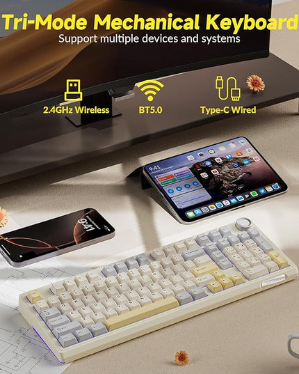 SOLAKAKA KI99 Pro 96% Wireless Gaming Keyboard, RGB Creamy Keyboardw with Knob, Hot-Swappable Pre-Lubed Switches, Gasket Structure Mechanical Keyboards (Beige-White, Non-Silent Version)