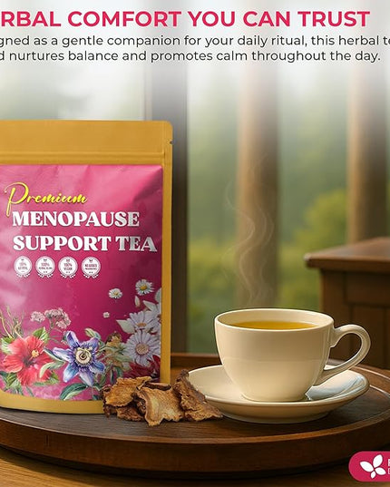 FreshDrinkUS, 40 Tea Bags - Menopause Support Herbal Tea – Soothing Blend with Rhubarb, Hibiscus, Valerian, Passiflora, Ashwagandha, Fennel & Chamomile, Caffeine-Free, Vegan, Non-GMO