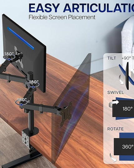VIVO Dual Monitor Desk Mount, Heavy Duty Fully Adjustable Stand, Fits 2 LCD LED Screens up to 32 inches and 22 lbs Each, Black, STAND-V032
