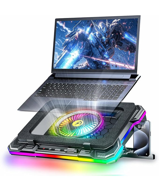 KeiBn Gaming Laptop Cooling Pad, Laptop Fan Cooling Pad with 5.5inch RGB External Fan, Rapid Cooling Laptop 15.6-19.3inch, 8 Height Stands, 2 USB Ports, Phone Holder-K1 5V RGB
