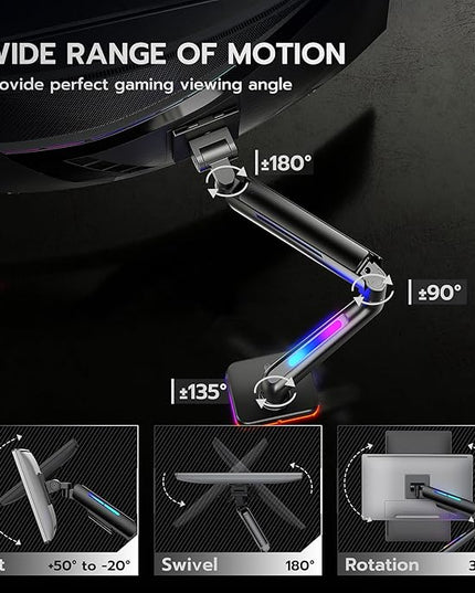 Ultrawide Monitor arm for 17-49'' Heavy Duty Screen up to 44lbs, Gas Spring Single Monitor Arm with RGB Light, Adjustable Gaming Computer Monitor Arm for Desk, Black