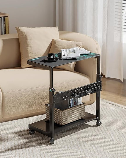 EUREKA ERGONOMIC PC Stand Computer Cart Frosted Glass, Height Adjustable Tower Stand 2-Tier Suit for ATX Case Printer, Metal Rolling Cart on Wheels for Gaming Home Office, Black