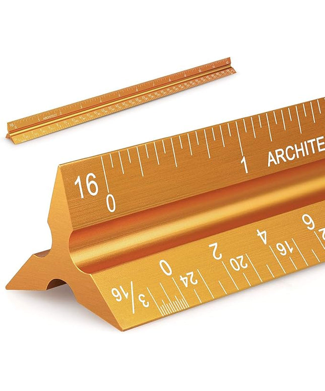 12" Architectural Scale Ruler Aluminum Architect Scale Triangular Scale Ruler for Architects, Draftsman, Students and Engineers, Golden