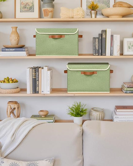 GRANNY SAYS Fabric Storage Bins with Lids, Decorative Storage Boxes with PU Handles, Keepsake Memory box, Shelf Baskets for Closet, Sage Green, Large, 2-Pack