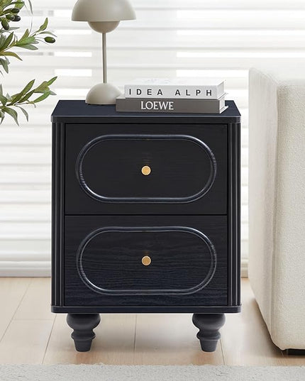 2 Drawer Fluted Mini Small Dresser for Bedroom Set of 2, Mid Century Modern Nightstand Bedside End Table, Wood Storage Dresser Organizer for Bedroom Living Room, Black