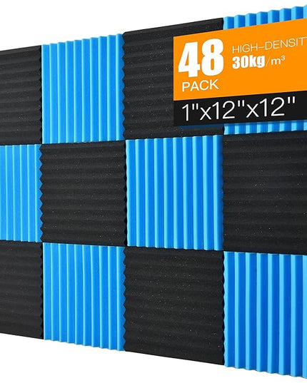 Sound Proof Foam Panels for Wall 48 Pack Acoustic Panels Sound Absorbing 1" X 12" X 12" Fire-Proofed Soundproofing Foam High Density Sound Dampening Panels for Room Studio Blue Black