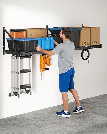 FLEXIMOUNTS 2-Pack 2x4ft Garage Wall Shelving with 4 Hooks - Heavy Duty Garage Storage System, 660 lbs Load Capacity with Brace Guardrail, Wall Mounted Organization for Bikes, Tools, Bins, Pro Series