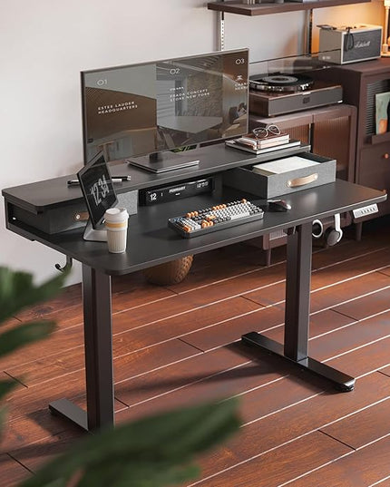 Seang Electric Standing Desk with 2 Drawers, Adjustable Standing Desk with Storage Shelf, Height Adjustable Stand up Desk for Home Office with 3 Presets & 2 Hooks,55 Inch, Black
