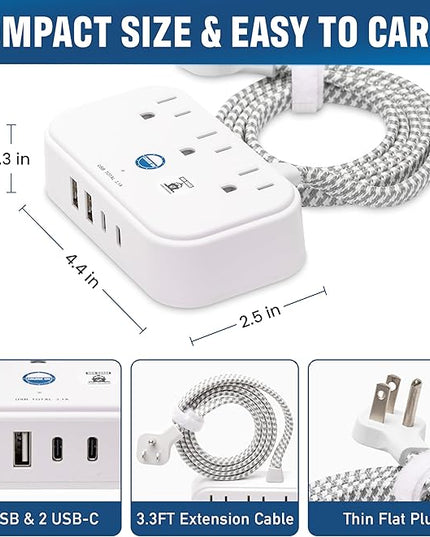Cruise Approved Power Strip Non Surge Protector with 3.3 ft Travel Extension Cord and USB Ports [2 USB, 2 USB-C, 3 AC] Cruise Ship Essentials for Carnival, Princess, & Major Cruise Lines 2026 & 2027