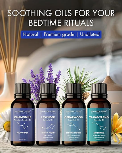 Majestic Pure, Restful Night Essential Oil Gift Set | 100% Pure & Natural Set for Soothing Nighttime and Self-Care Rituals | Lavender, Ylang Ylang, Cedarwood, Chamomile - Pack of 4