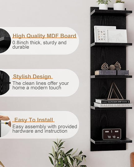 Fun Memories 5-Tier Wall Shelf Unit, 48" Tall Floating Storage Organizer for Bedroom, Living Room, and Home Decor, Black Vertical Shelving Unit