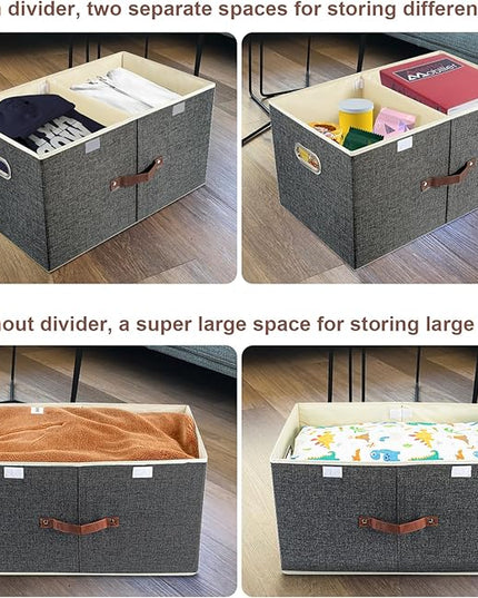 TYEERS Extra Large Collapsible Storage Bins with Lids and Compartments, Washable, Fabric Storage Boxes, 21.7x13x11.8 inches, 2 Pack, Black