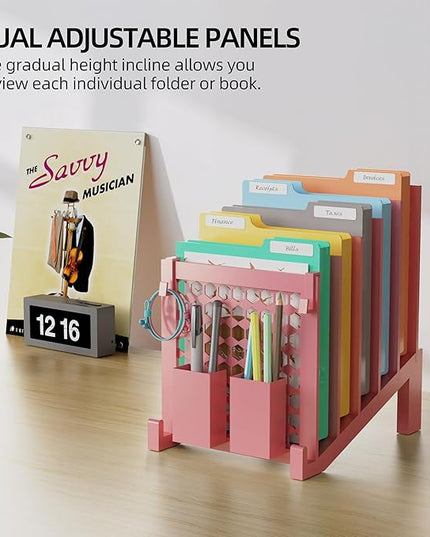 File Organizer for Desk with Storage Box & Hook, Inclined Desk File Organizer with 5-Section Vertical File Holder suitable for Home Office Document Organization (Pink-01)
