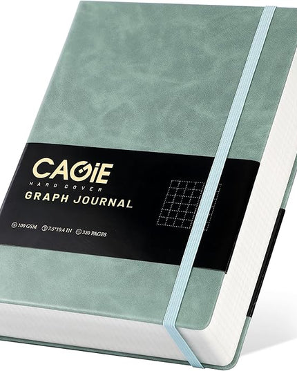 CAGIE Graph Notebook 320 Pages 100 GSM Paper Graphing Grid Journal B5 Hardcover Leather Quad Ruled Notebooks for Engineering, Math, Work, Green