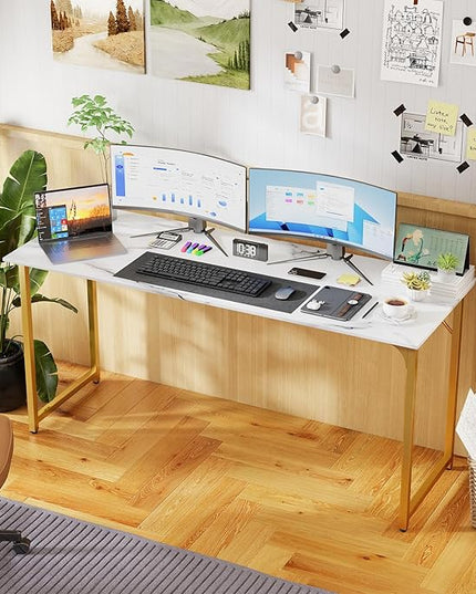 PayLessHere | 63 Inch Computer Desk | White Gold | Office Desk with Metal Frame, Adjustable Feet | Water-Resistant, Scratchproof Surface | Sturdy Writing Table for Home Office or Study | Pack of 1