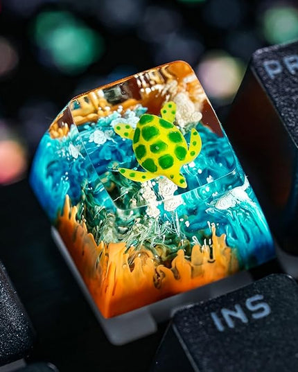 Sea Turtle Artisan Keycap Orange and Blue Coral R1 SA Profile Custom Sea Creatures Keycaps 1U ESC Handmade Gaming Ocean Resin Key Cap Cherry MX Switch Compatible Mechanical Keyboard Turtle Lover Gift