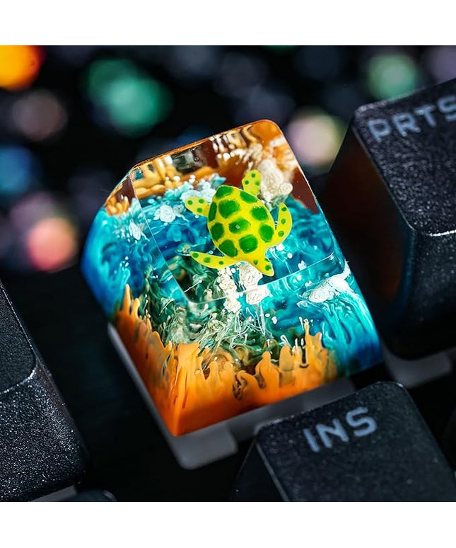 Sea Turtle Artisan Keycap Orange and Blue Coral R1 SA Profile Custom Sea Creatures Keycaps 1U ESC Handmade Gaming Ocean Resin Key Cap Cherry MX Switch Compatible Mechanical Keyboard Turtle Lover Gift