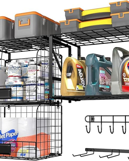 Garage Shelf Wall Mounted with Wire baskets, Heavy Duty Garage Wall Shelving with Garden Tool Rack and Hooks, Wire Shelf Baskets Tool Organizer for Home Garden Yard Organization and Storage