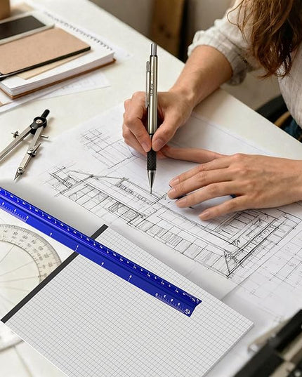 Nicpro 16PCS Drafting Tools with 12‘’ Aluminum Architect Scale Ruler, Mechanical Pencils 0.5, 0.7, 0.9 & 2mm, Lead Refills, 2 Pack Graph Paper Pad, Geometry Drawing Kit for Engineers Students Design