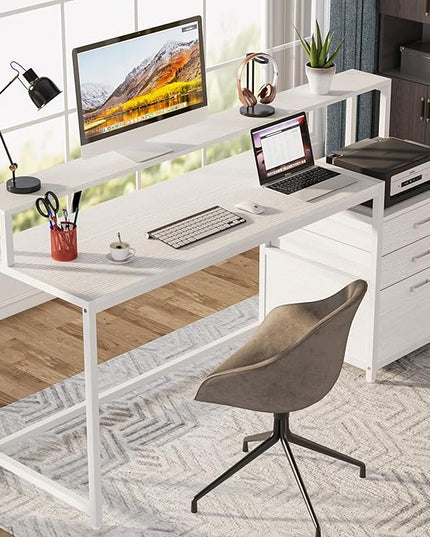 Tribesigns 63 Inch Computer Desk with File Drawer Cabinet, Ergonomic Office Desk with Monitor Stand, Computer Table with Printer Space, Wood PC Table Workstation Desk for Home Office, White