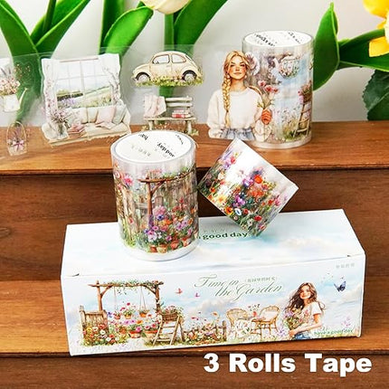 AuriicLeaf Spring Garden PET Tape Set, 3 Rolls Pre-Cut Wildflower Stickers for Scrapbooking, Journaling, DIY Crafts, and Collage Art (30 mm/50 mm/55 mm)