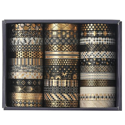 Songdao 36 Rolls Skinny Washi Tape Set Gold Foil Detailing Arts Adhesive Tapes Basic Patterns Decorative Masking Tape Sets for Craft, Kids, Scrapbook, DIY, Gift Wrapping (Black & Gold)