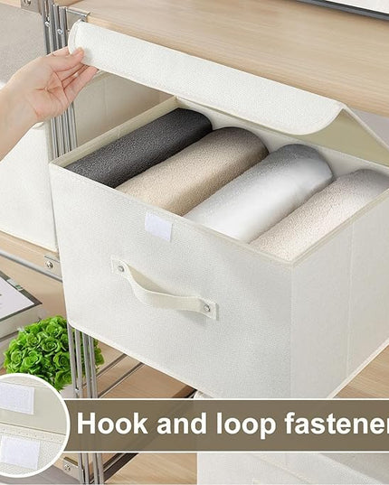 Fabric Storage Bins Cube Organizers with Flip-Top Lid and Handles,Storage Boxes for Organizing Home,Office,and Closet,Beige,3 Pack 15 x 9.8 x 9.8 in