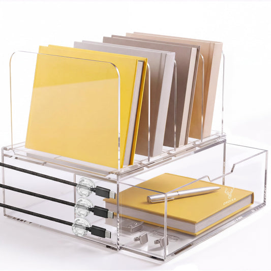 Acrylic Desk Organizer with Drawers, Paper Organizer for Desk, Vertical File Organizer with 4 File Slots, Clear Desktop Office Organizer for Papers, Files & School Supplies