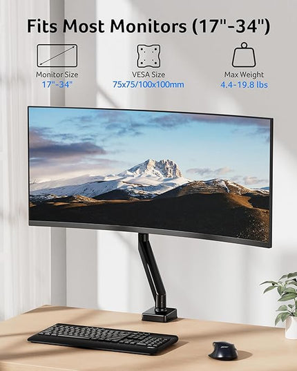 Acer Single Monitor Mount, Fully Adjustable Monitor Arm Fits 17 to 34 Inch Screens, Gas Spring VESA Mount with C-Clamp & Grommet Base, Computer Desk Arm with Tilt Swivel Rotate Supports 4.4-19.8 lbs