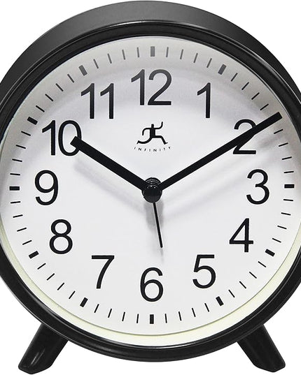 Infinity Instruments Plastic 5.75" Indoor Tabletop Alarm Clock with Quartz Movement for Accurate Time Keeping, Black