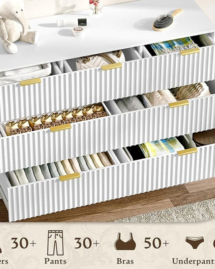 HUANLEGO Fluted Dresser for Bedroom with 7 Drawer, Mid Century Modern Chest of Drawers, 48" Wide Natural Wood Dresser for Closet, Wooden Boho Chest Closet Storage TV Stand for Bedroom, White