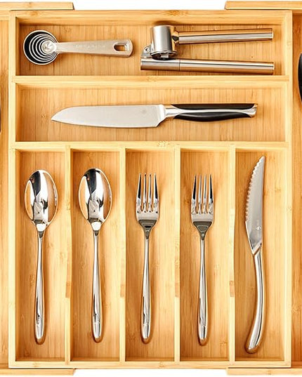 Umilife Large Expandable Kitchen Silverware Utensils Drawer Organizer, 2.5" Extra High Adjustable Drawer Divider with Curved Grooves, Bamboo Wood Cutlery Tray Flatware Holder