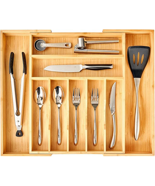 Umilife Large Expandable Kitchen Silverware Utensils Drawer Organizer, 2.5" Extra High Adjustable Drawer Divider with Curved Grooves, Bamboo Wood Cutlery Tray Flatware Holder