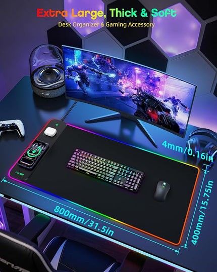 3-in-1 RGB Gaming Mouse Pad with Magnetic Wireless Charging, 31.5"x15.8" Large, 24 Light Effects, Non-Slip Base, Waterproof Ultra-Smooth Surface, with Adapter