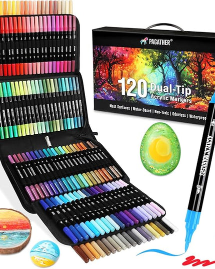 120 Colors Acrylic Paint Markers, Dual Tip Fine and Brush Tips Pens Contain 24 Metallic Color for Stone, Wood, Calligraphy, Canvas, Ceramic, Metal, Glass, Rock Painting, DIY Crafts Art Supplies Kit