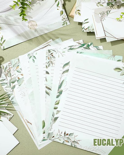 TaoBary 160 Pcs Stationery Paper Set 50 Double Sided Stationery Papers with 50 Matching Envelopes and 60 Round Dot Sticker, 10 Design(Green Leaves,8.5 x 11 Inch)