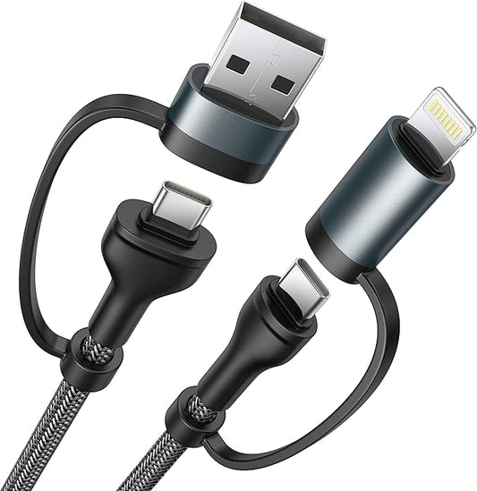 XUDUO 4-in-1 USB C Cable Lightning Cable 60W [Fast Charging & Data Sync] 6FT Multi Charger Cable Charging Cord Lightning/Type C/USB A Ports for iPhone 17 16/15/15 Pro/15 Plus/15 14 Pro Max