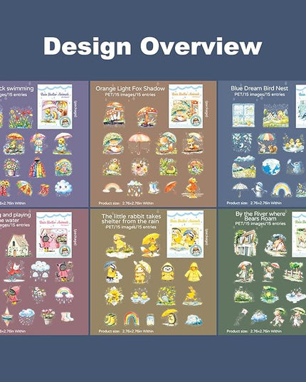 AuriicLeaf Rain Shelter Animals PET Stickers – 90PCS Whimsical Stickers with Watercolor Animal Designs for Scrapbook, Journal, DIY Crafts, Waterproof